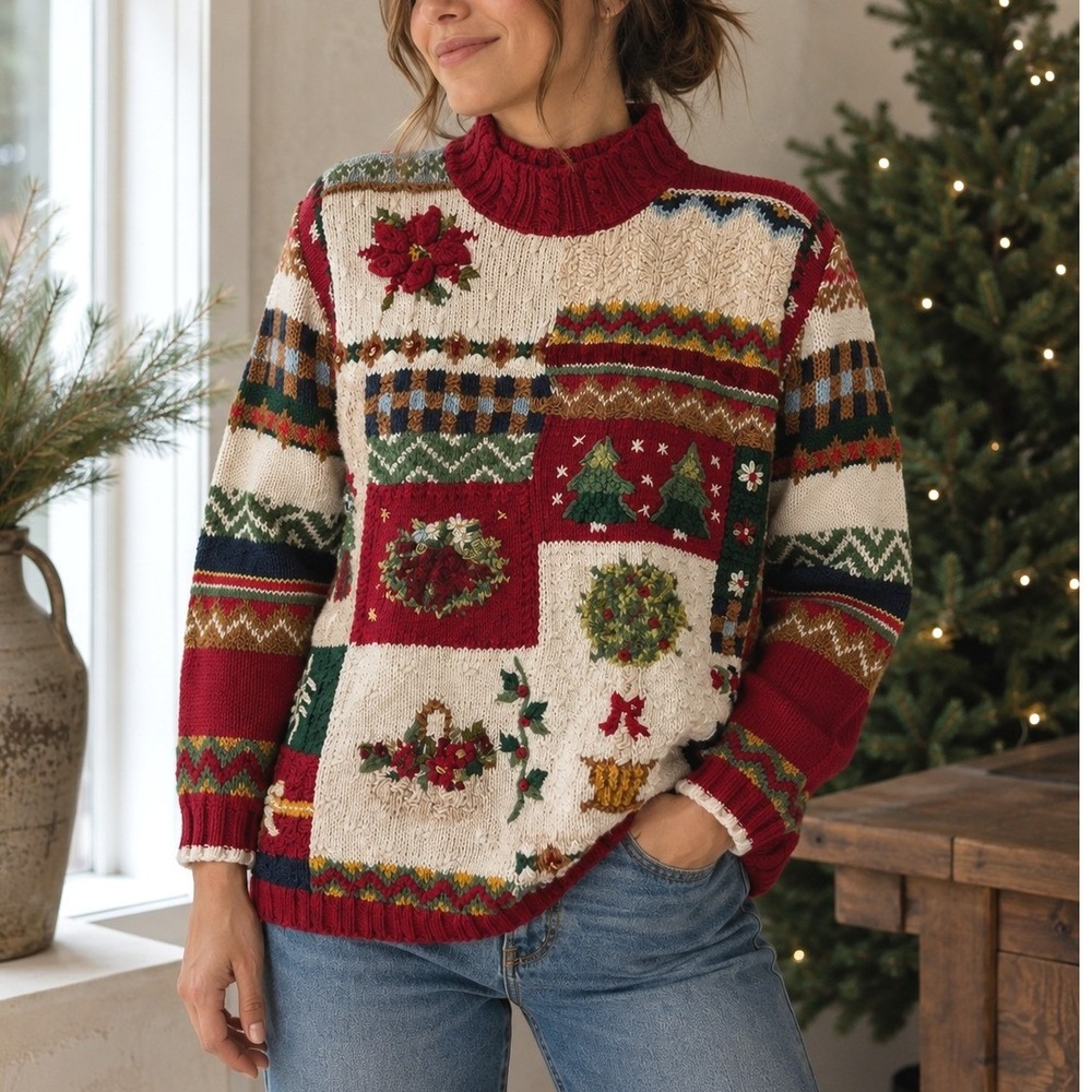 Vintage Tiara International 90s Christmas Patchwork Sweater Women's Medium Red